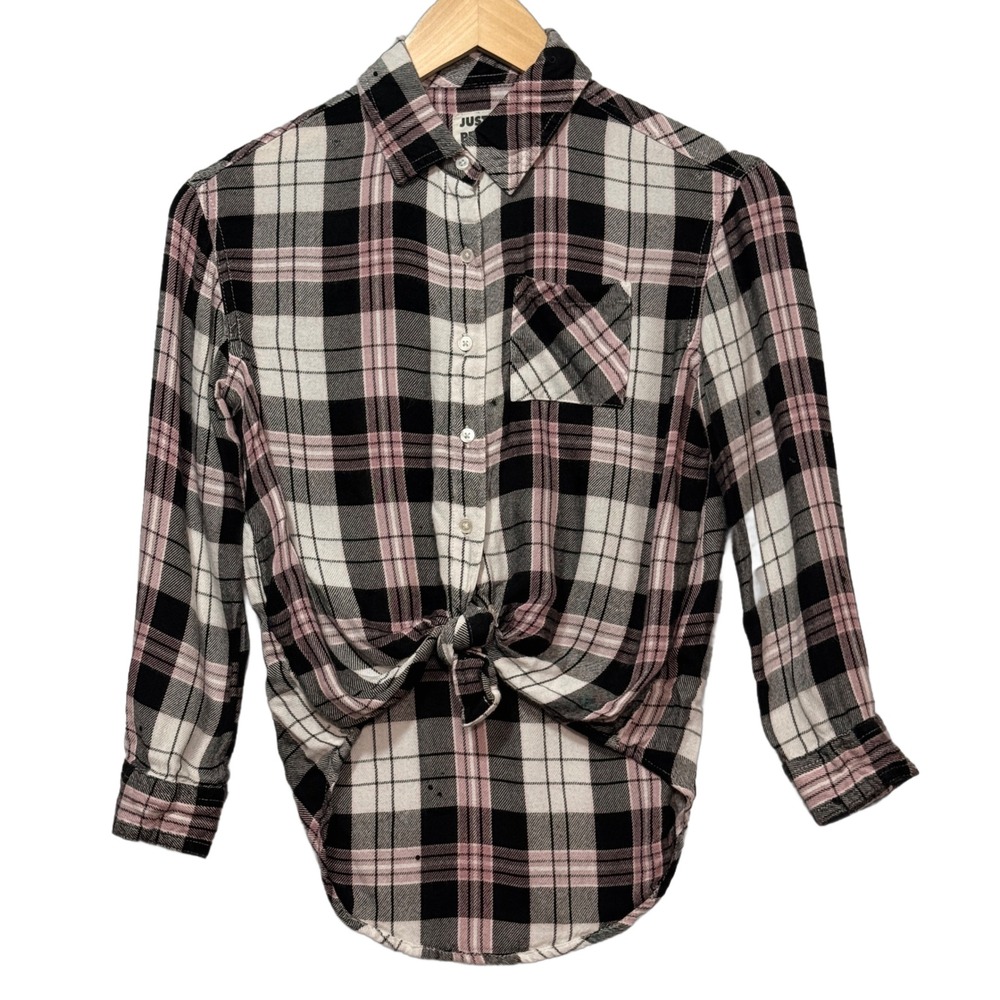 Justice Long Sleeve Pink/White/Black Plaid‎ Button Front Shirt Youth Size 10